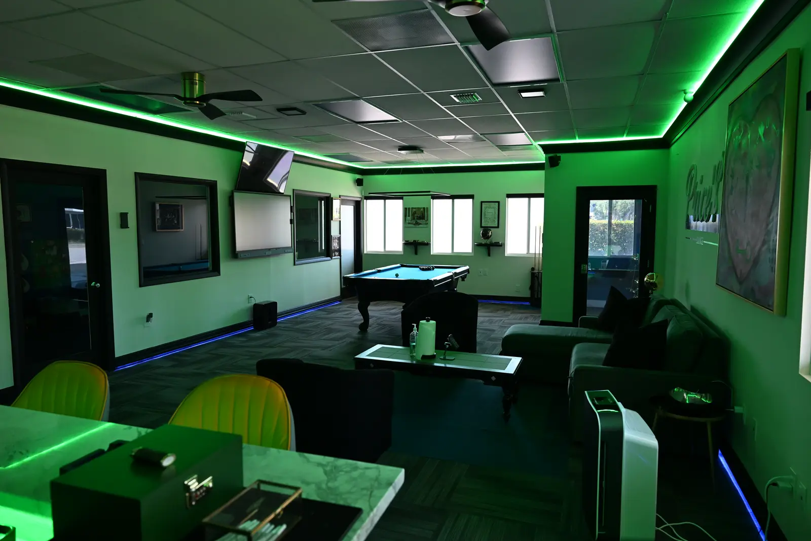 LED accent lighting installed along a ceiling detail in a finished room