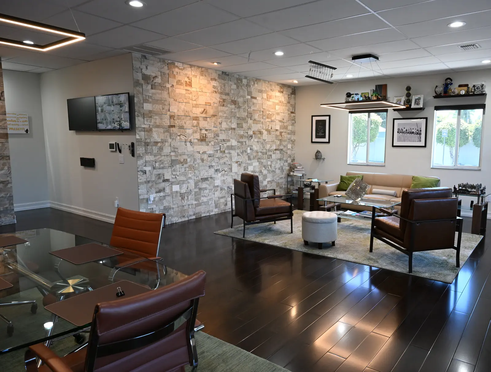 A finished lounge with smart lighting installed, controlled by voice